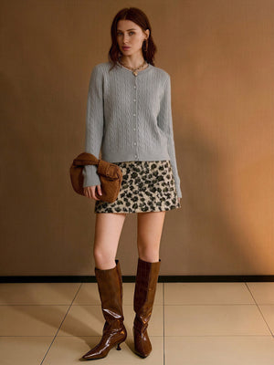 Wool Blend Cable Knit Crew Neck Single-breasted Cardigan