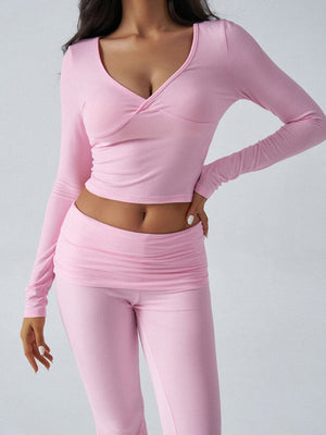V-neck Long Sleeve Pants Pleated Navel Solid Color 2-piece Sets
