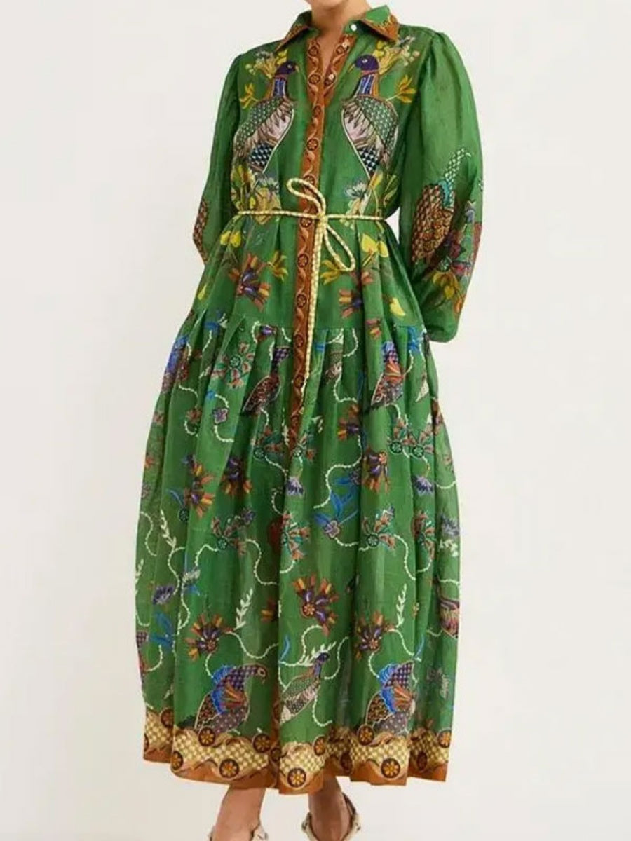 Retro Printed Lantern Sleeves Waist Long Sleeves Maxi Dresses