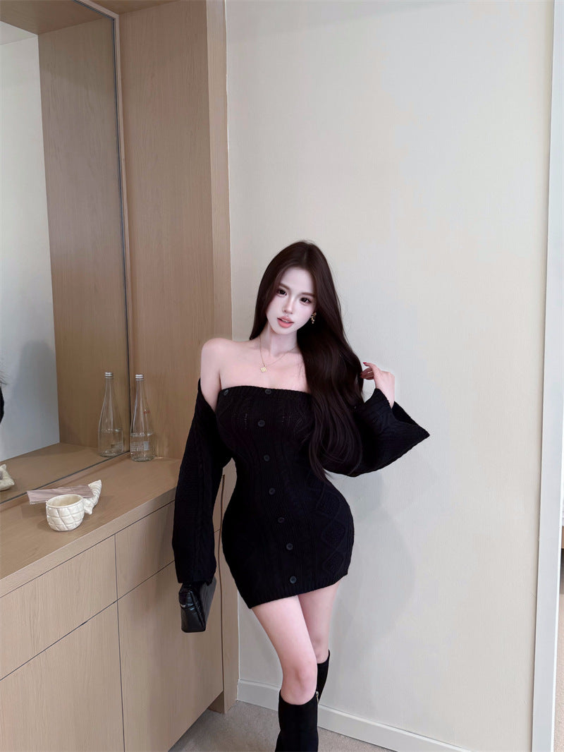 Knitted Elegant Fashion Set: Long-sleeved, Waist-cinching Sweater And Strapless Dress Two-Piece Set