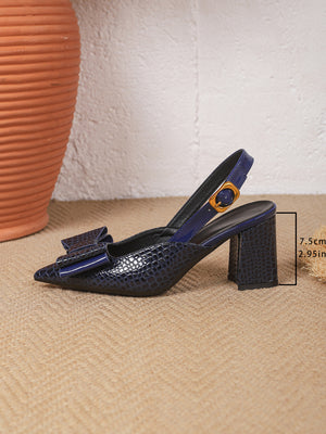 Bow-tie Pointed-toe Embossed Patchwork Open-back High Heels