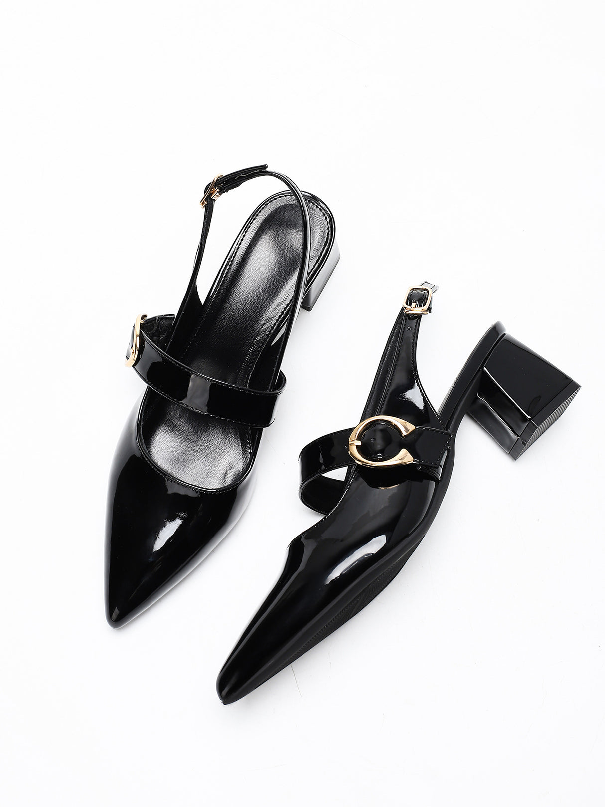 Metal Buckle Pointed Toe Open Back Chunky Heel Mary Jane Shoes