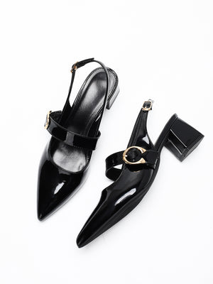 Metal Buckle Pointed Toe Open Back Chunky Heel Mary Jane Shoes