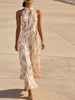 Elegant Maxi Dress With Halter Neck And Floral Print, European And American Vacation Style.