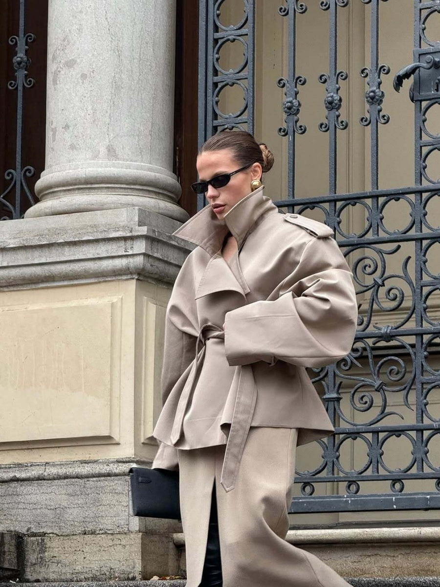 Khaki Lapel Long Sleeve Lace Up Short Trench Coats