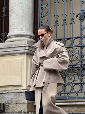 Khaki Lapel Long Sleeve Lace Up Short Trench Coats