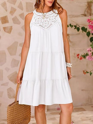 A-line Short Dress With Hollowed-out Lace Trim And Halter Neck