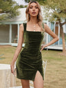 Velvet Slit Square Collar Hip Mini&Short Dresses