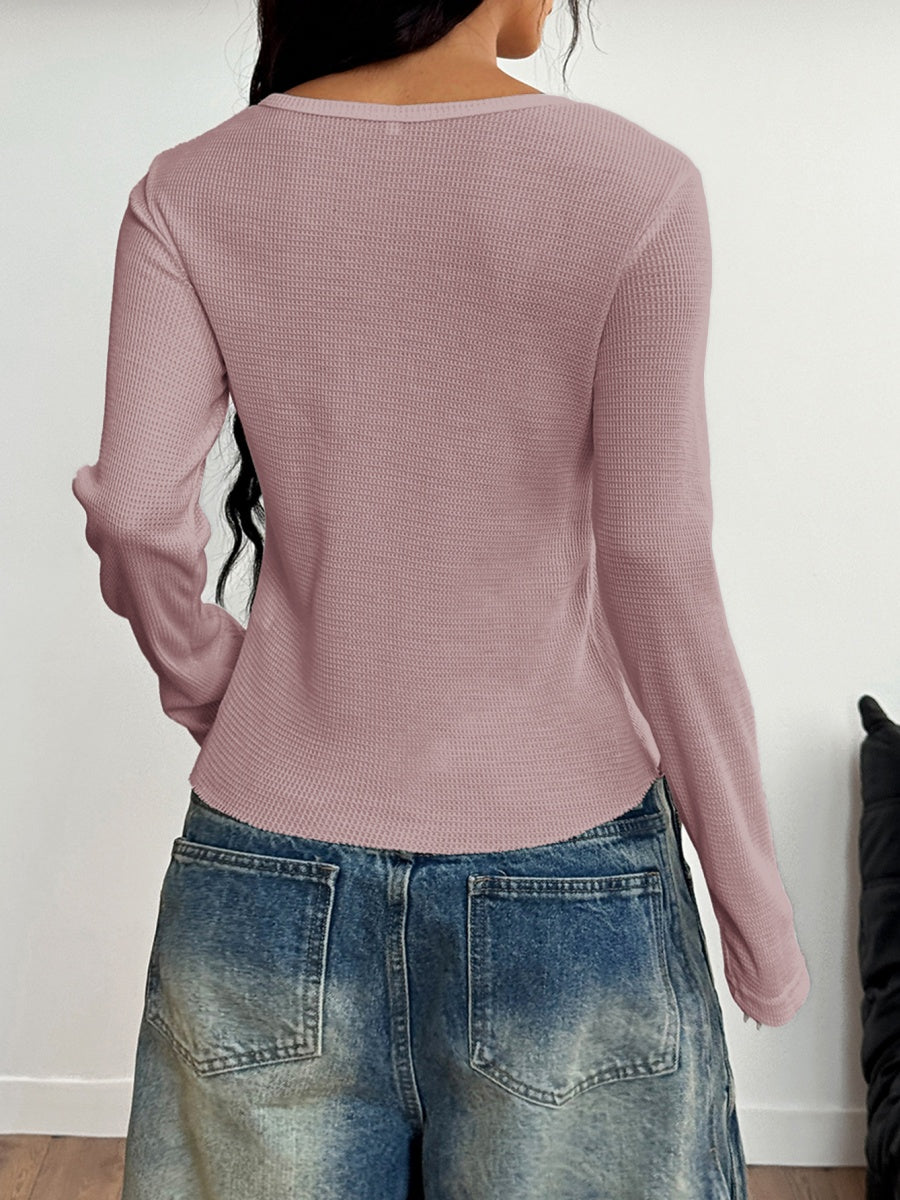 Simplicity Buttons Solid Color Long Sleeve T-shirts