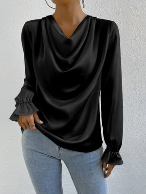 Satin-Rüschen-T-Shirts in Unifarben mit langen Ärmeln