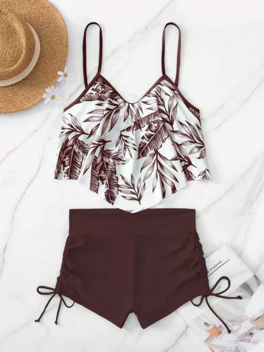 Leaf Print Ruffled Drawstring Boxer Shorts Bikini