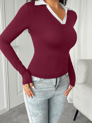 Simplicity Contrast Lapels Long Sleeve T-shirts