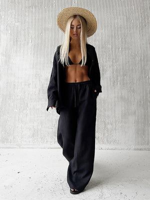 Loose-fitting Long-sleeved Shirt And Casual Trousers Two-piece Set