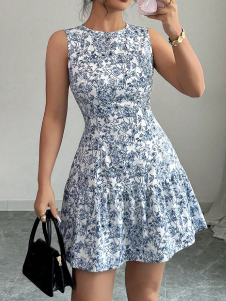 Bohemian Style French Elegance Floral Print Sleeveless Belted Short Dress