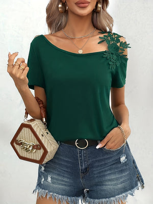 Applique Short Sleeve Splicing Chiffon Blouse