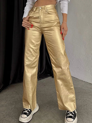 Pocketed, Loose-fitting, Wide-leg, Retro Straight-leg Style In Gold And Silver. Pants