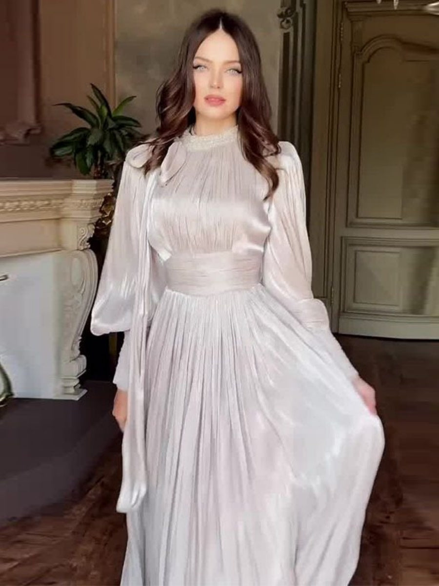 Balloon Sleeve Rhinestone-studded Waist Banquet Maxi Dresses