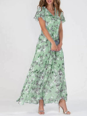 Chiffon Floral Print Short-sleeved Ruffled V-neck Long Dress