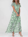 Chiffon Floral Print Short-sleeved Ruffled V-neck Long Dress