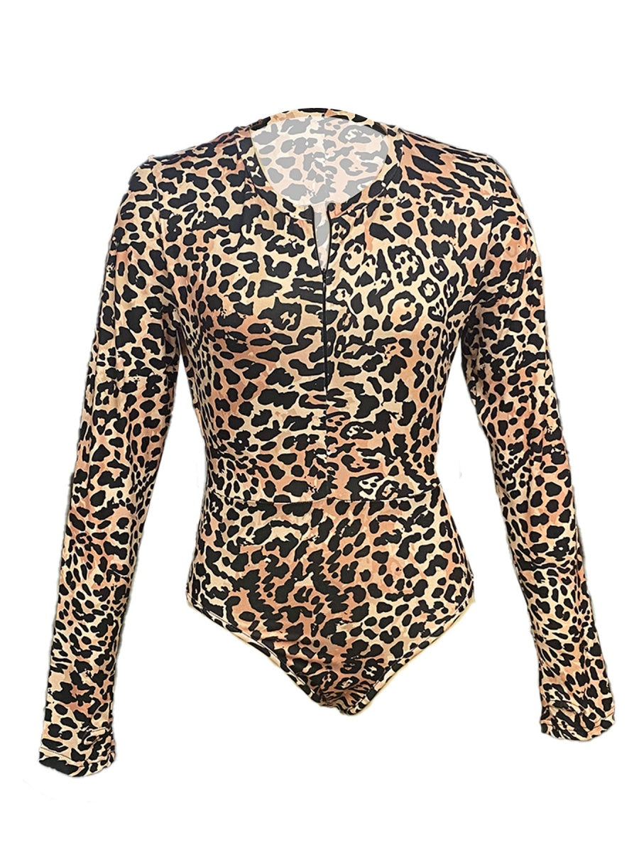 Leopard Print Sexy Tights Linked Fingers Long Sleeve Zipper Jumpsuit