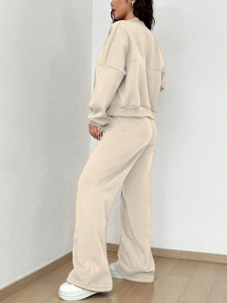 Sports And Leisure Solid Color Crew Neck Zipper 2-piece Sets
