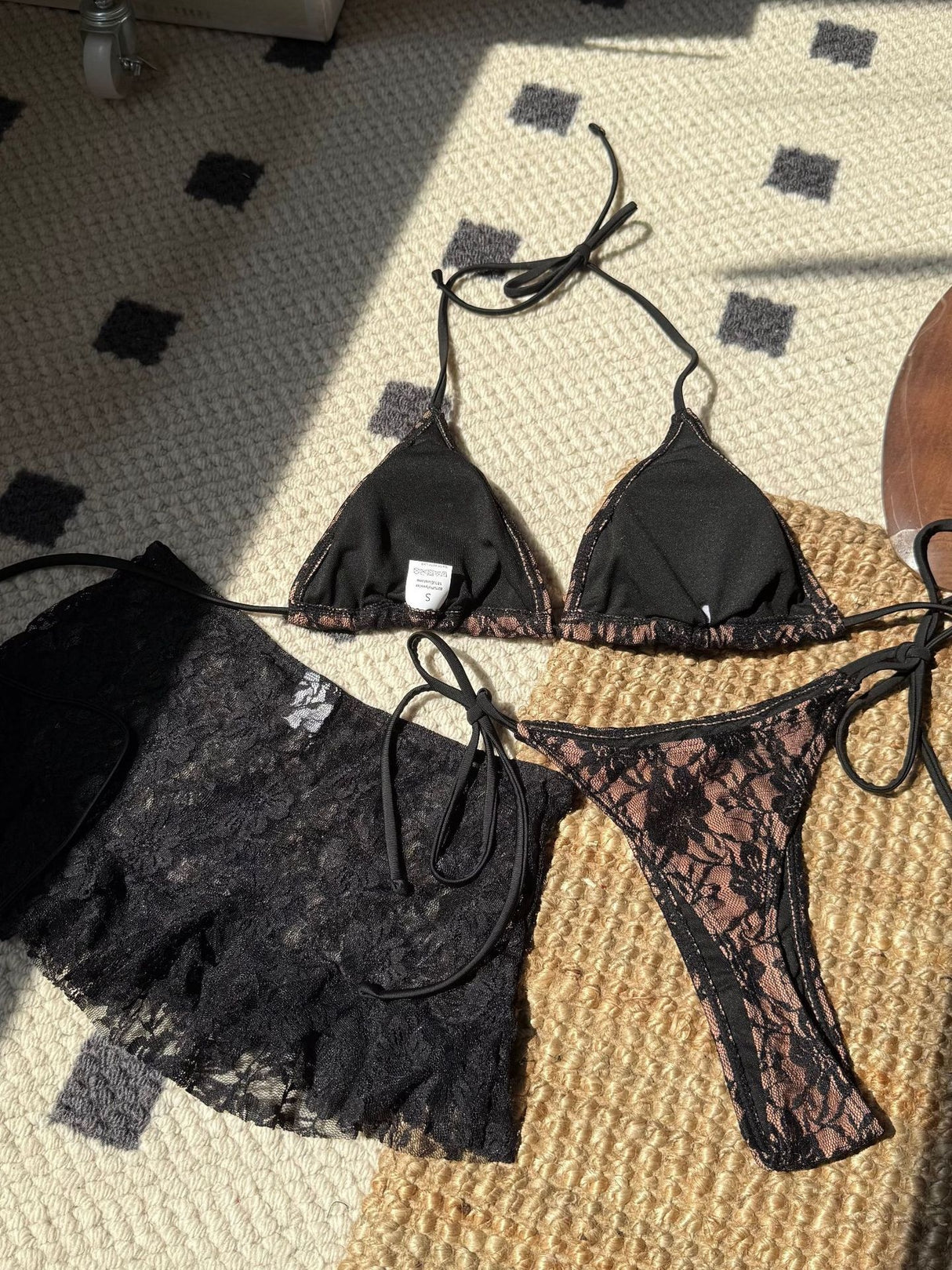 Sexy Lace Cutout Bikini Three-Piece Set For Beach