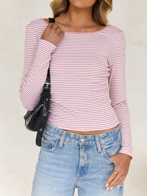 Simplicity Contrasting Colors Stripes Backless Long Sleeve T-shirts