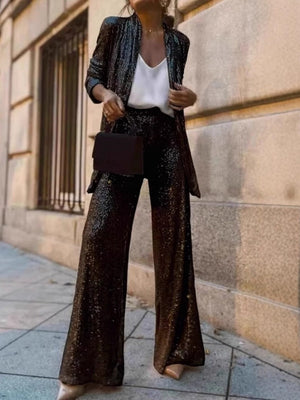 Sequins Small Suit High Waist Casual Straight Leg Pants 2-piece Sets