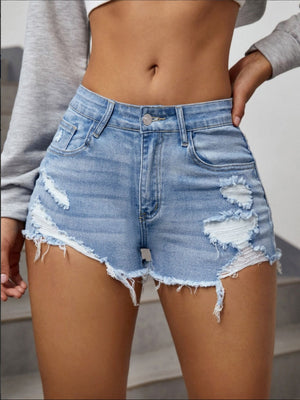 High-waisted, Casual, And Versatile Denim Shorts With Frayed Edges
