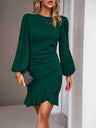 Christmas Puff Sleeve Ruffle Pure Color Mini&Short Dresses