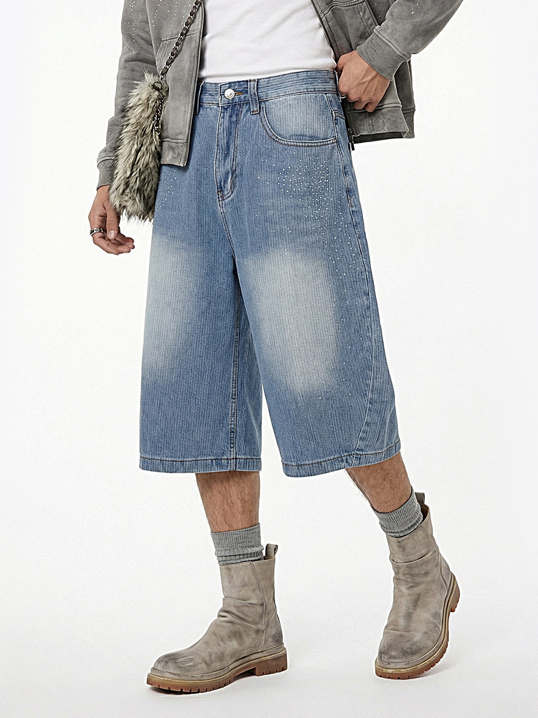 Light Blue Scattered Diamonds Washed Distressed Denim 7 Points Shorts