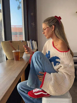 Contrasting Colors Jacquard Fish Pattern Knitting Sweaters