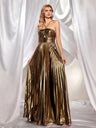 Metallic Strapless Style Crimp Slit Thin Strap Sleeveless Backless Cocktail Party Parties Formal Dress Long Dress