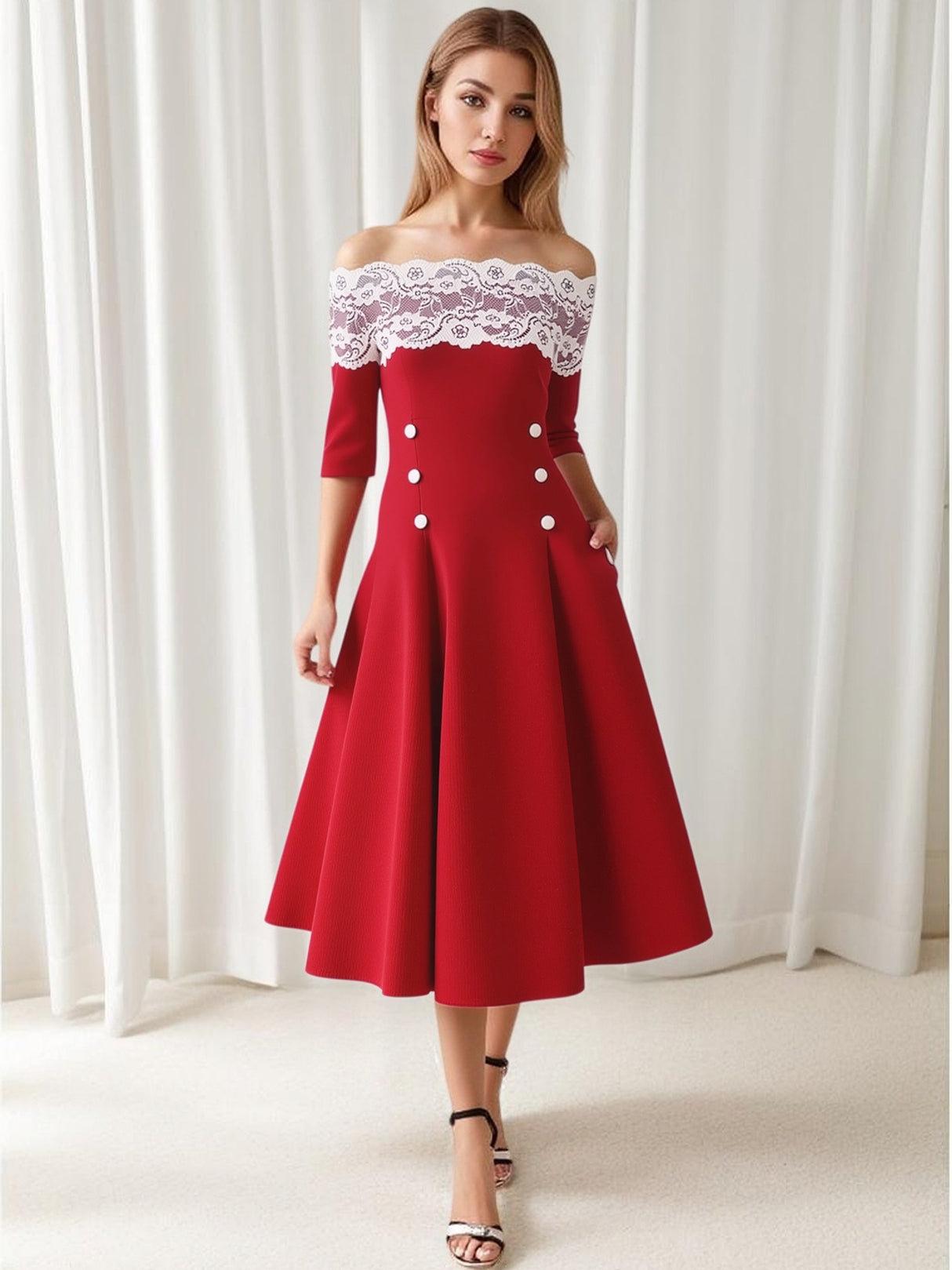 Christmas Off Shoulder Lace Stitching Trim Grace Full Skirt Dress