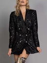 Black V-neck Double-breasted Sequins Slim-fit Long Suit Jacket
