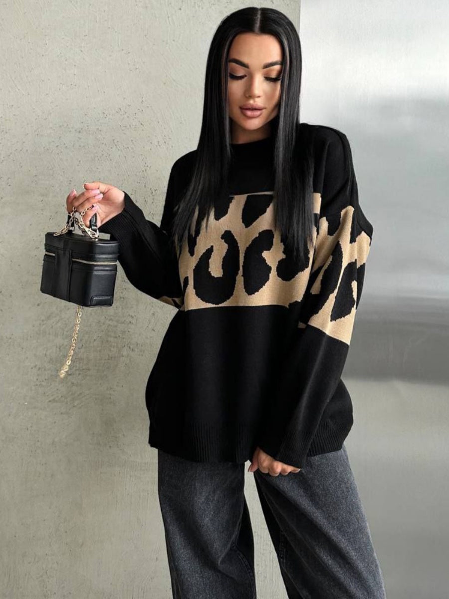 Liber Autumn women's leopard print clothing Raglan sleeve paneled pullover sweater