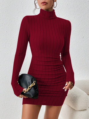 Knitting Turtleneck Long Sleeve Tight Fit Solid Color Pit Strip Mini&Short Dresses