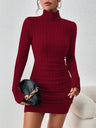 Knitting Turtleneck Long Sleeve Tight Fit Solid Color Pit Strip Mini&Short Dresses
