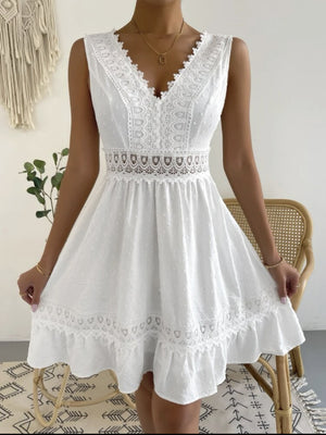 Lace Patchwork Hollow Out Backless Strappy V-neck Sleeveless Mini&Short Dresses