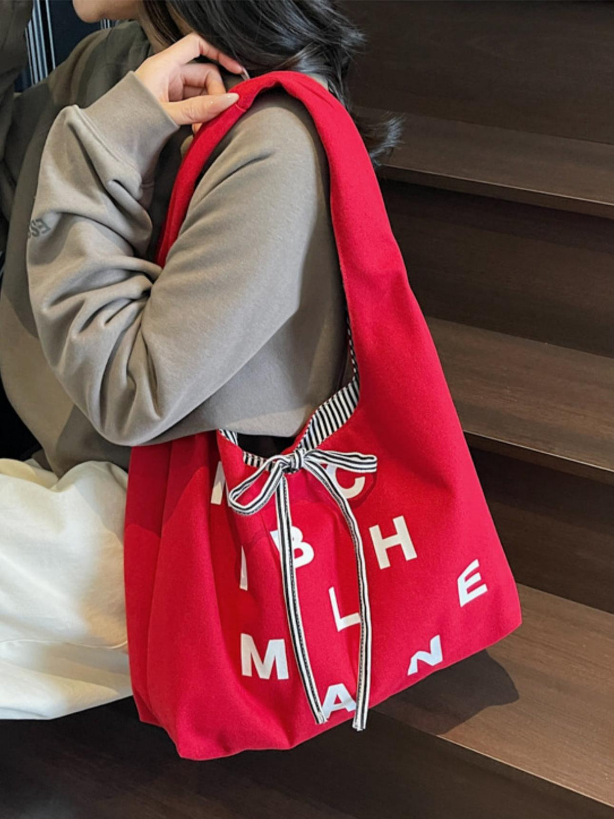 Sac bandoulière décontracté à rayures, grande capacité, avec imprimé lettres tendance et original