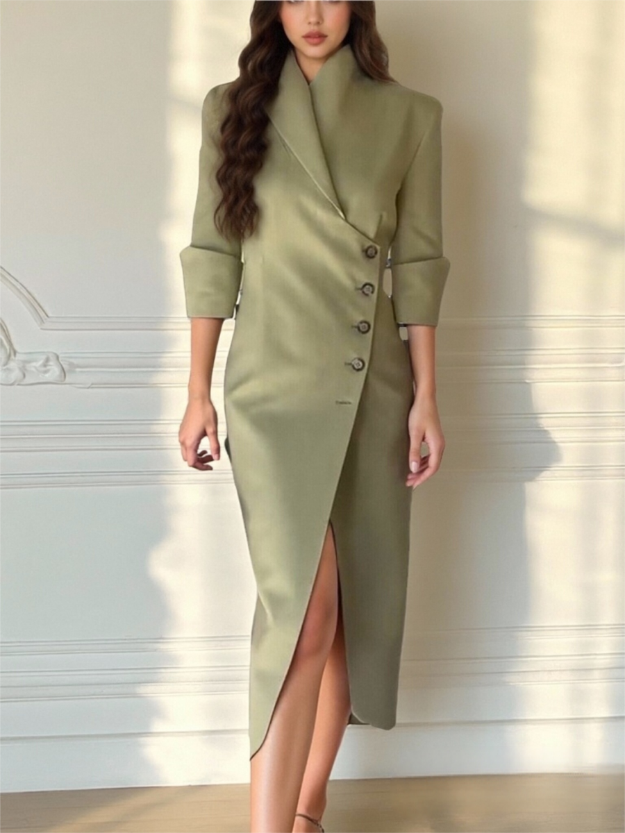 Mid-length Sleeves Slim Fit Suit Trench Coat Slanted Opening Coat Midi Dresses