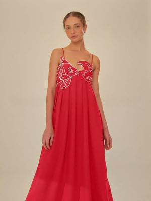 Fish-shaped 3D Embroidered Strapless Pleated Spaghetti Strap Long Dress
