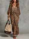 Leopard Print V-neck Fitted Waist Long Dress