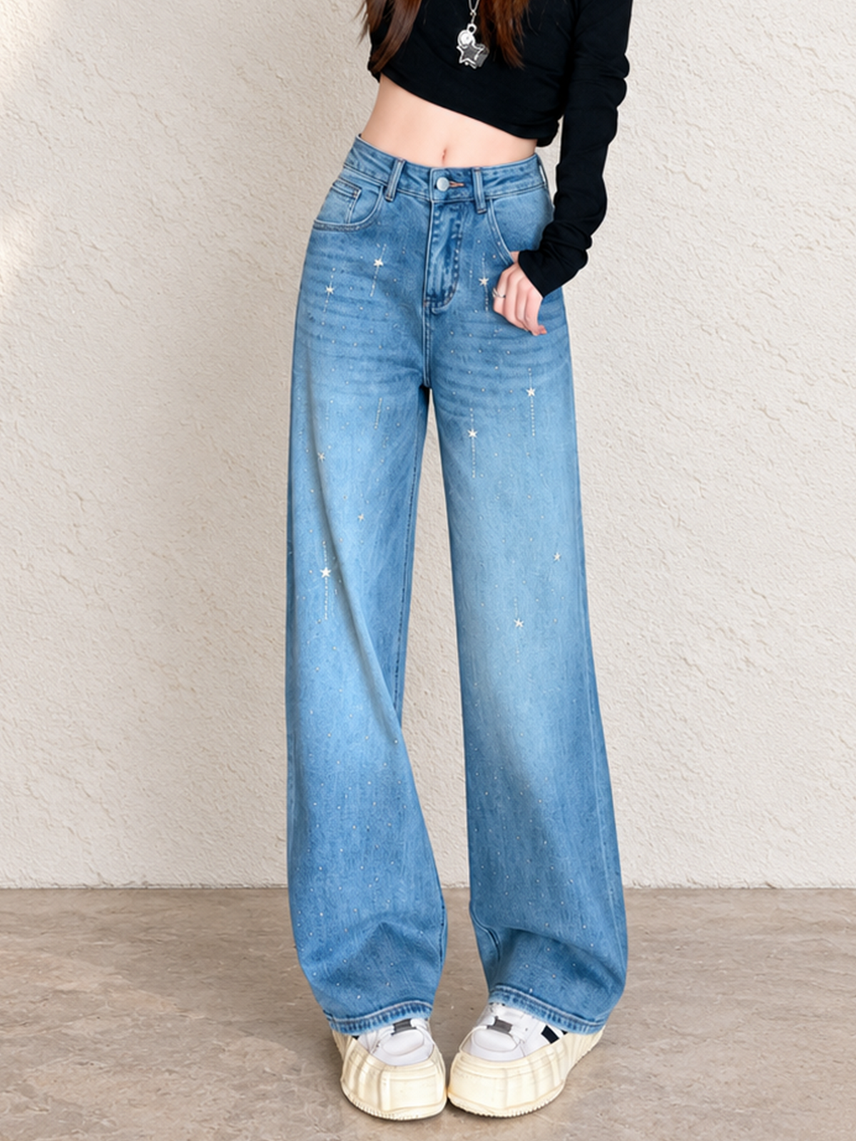 Autumn/Winter Women's Blue Whisker Pattern Jeans With Rhinestones