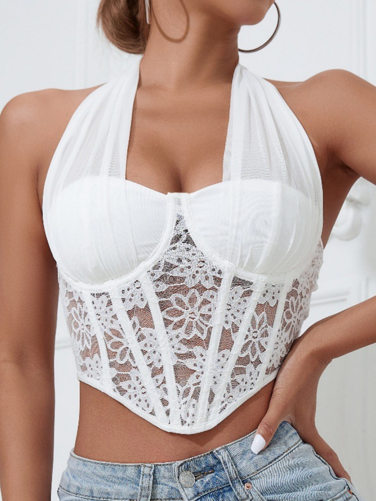 Lace Patchwork Mesh Cross Fishbone Neck Steel Ring Tank Tops