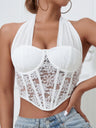 Lace Patchwork Mesh Cross Fishbone Neck Steel Ring Tank Tops