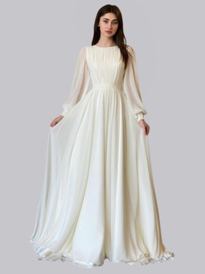 Lantern Pearl Yarn White Wedding Dress Round Neck Dress Zipper Maxi Dresses