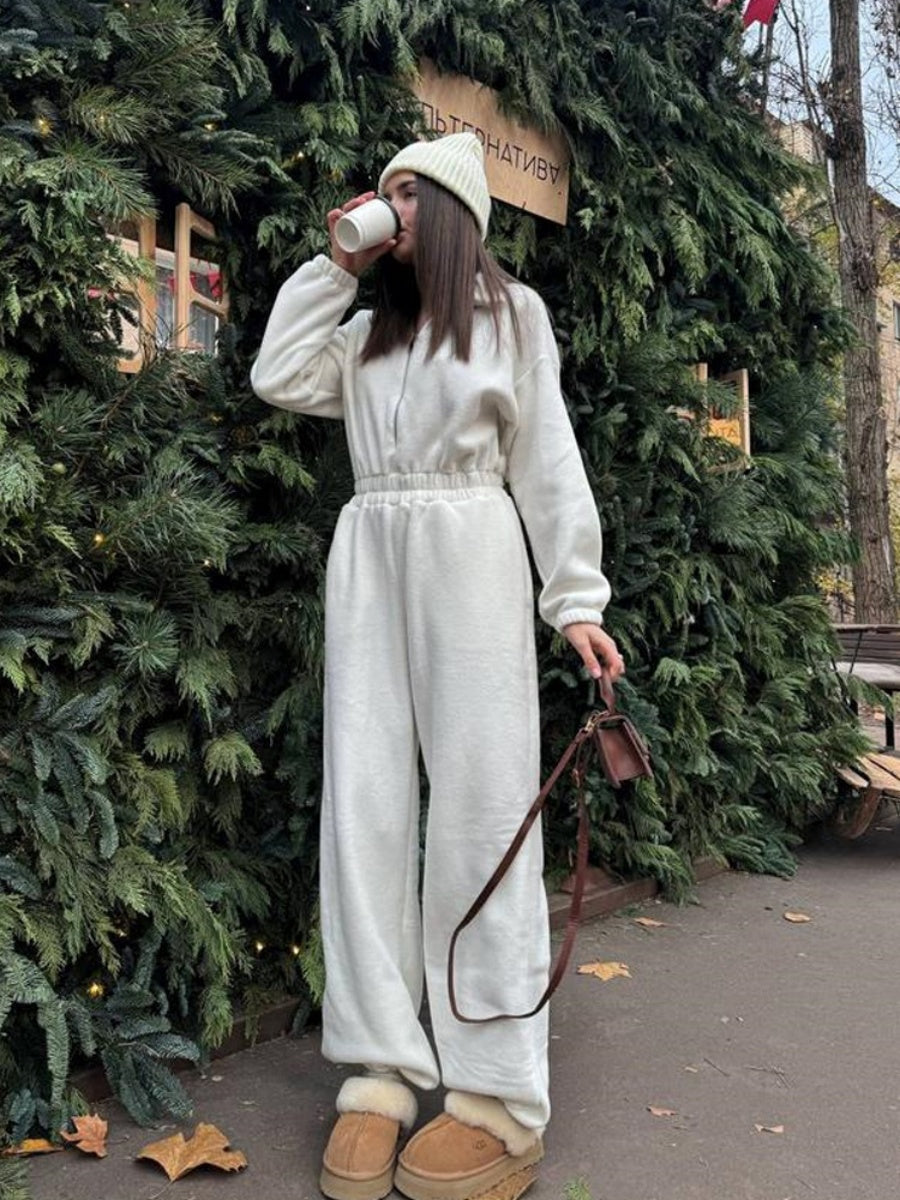 Liber Autumn women's one-piece suit solid color straight pants long-sleeved jumpsuit