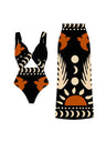 Retro-print Mesh Maxi Dress Conservative One-piece Swimsuit Two-piece Set