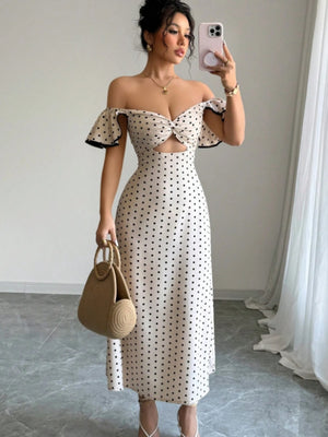 Apricot-colored Fitted Waist V-neck Off-shoulder Polka Dot Flutter Sleeve Long Dress